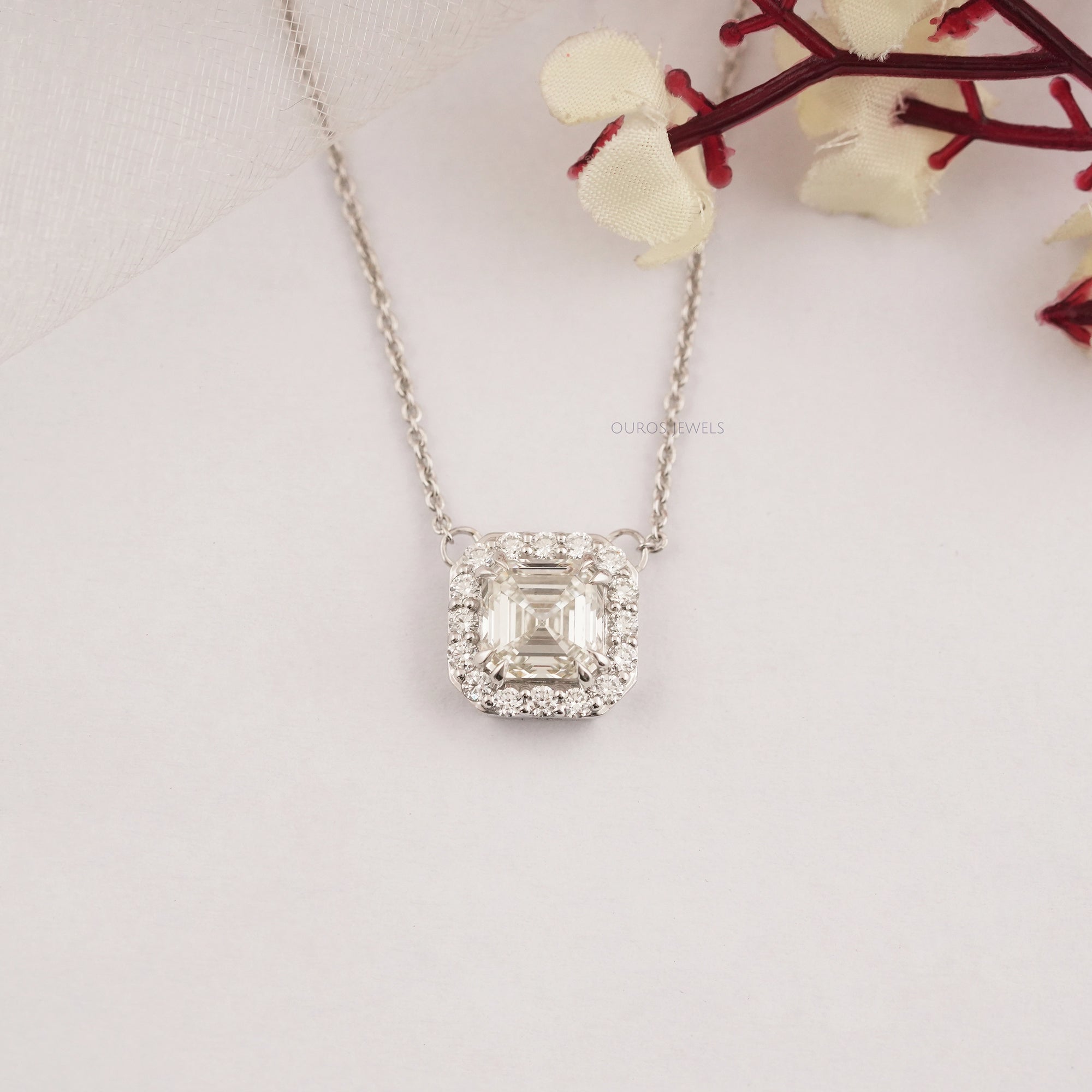 Asscher Cut Lab Diamond Halo Pendant Necklaces