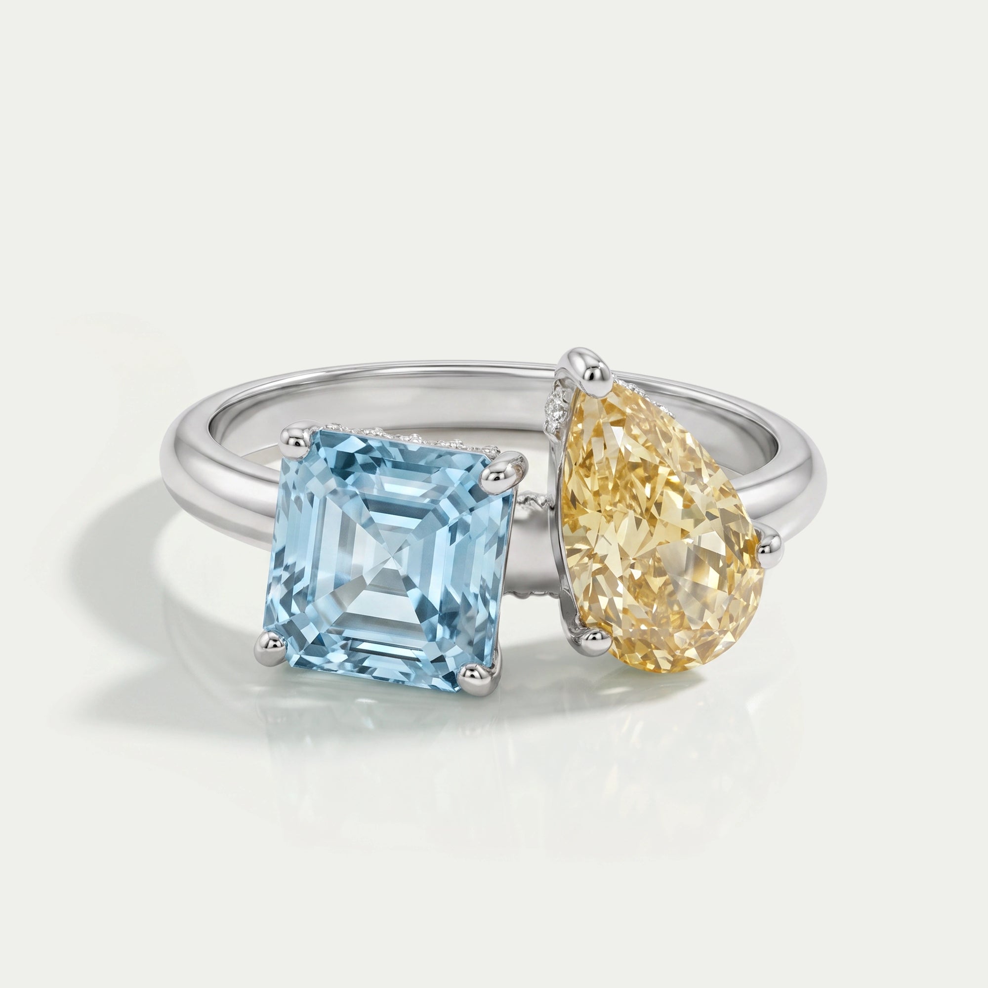 Asscher and Pear Toi Et Moi With Hidden Halo Ring Ring