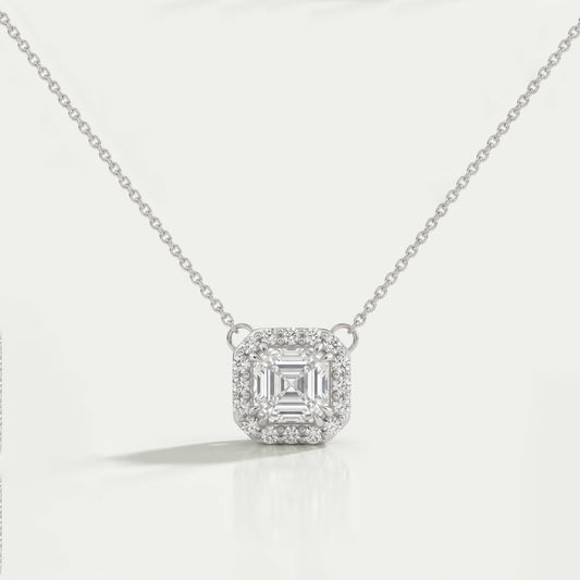 Asscher Cut Lab Diamond Halo Pendant Necklaces