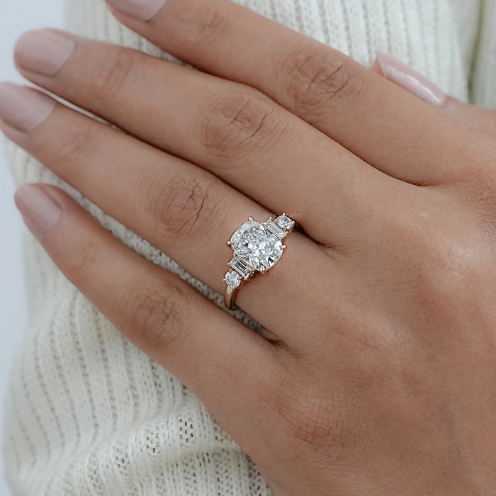 Elongated Cushion And Baguette Diamond Five Stone Engagement Ring