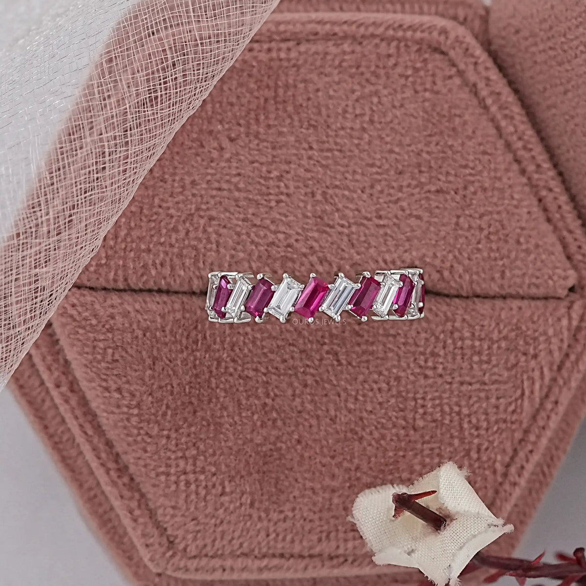 Ruby Baguette Gemstone Half Eternity Wedding Band Rings