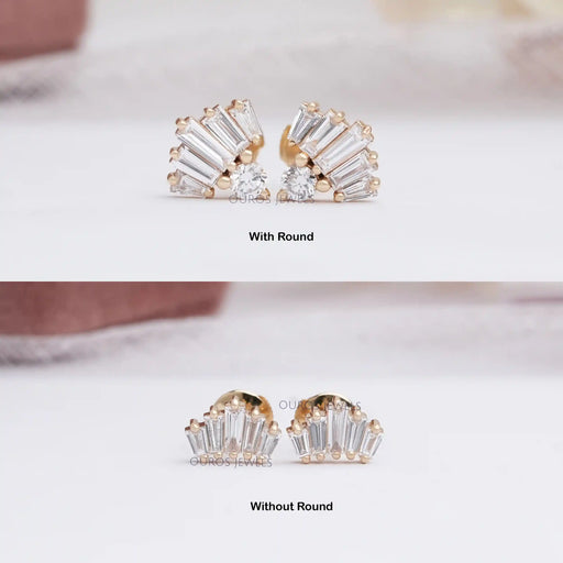 front view tapered baguette & round diamond and without round studs earrings