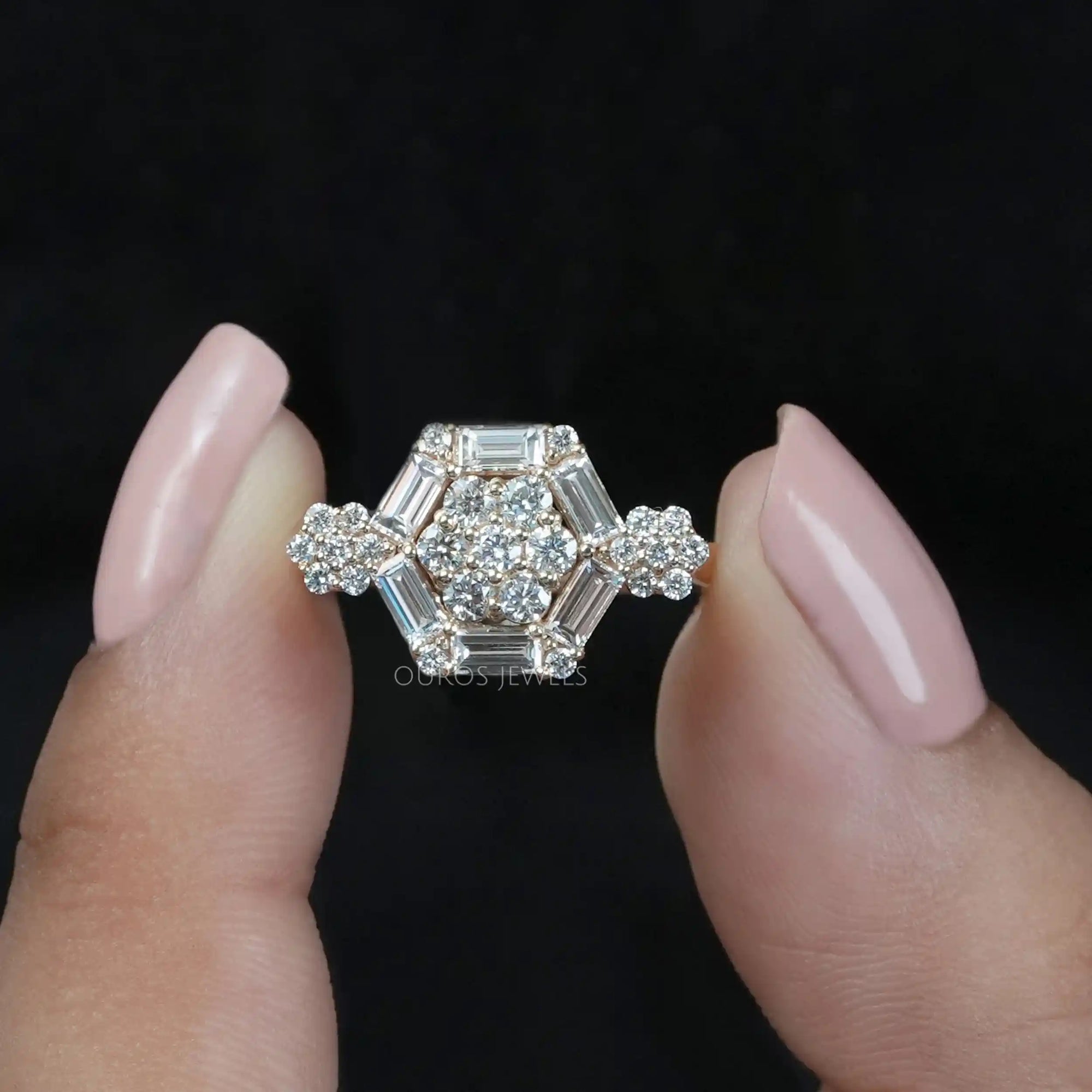 Octagon Shape Baguette Cut Halo Yellow Gold Engagement Ring