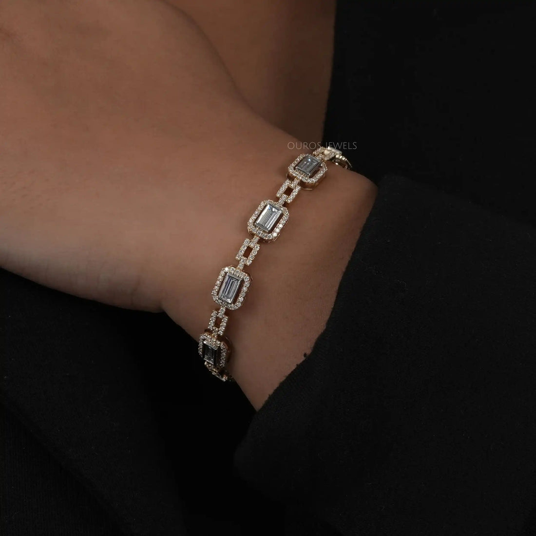 Baguette Cut Lab Grown Diamond Halo Tennis Bracelet Bracelet