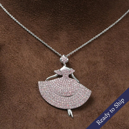 Fancy Pink Round Cut Crystals Barbie Doll Pendant Necklaces