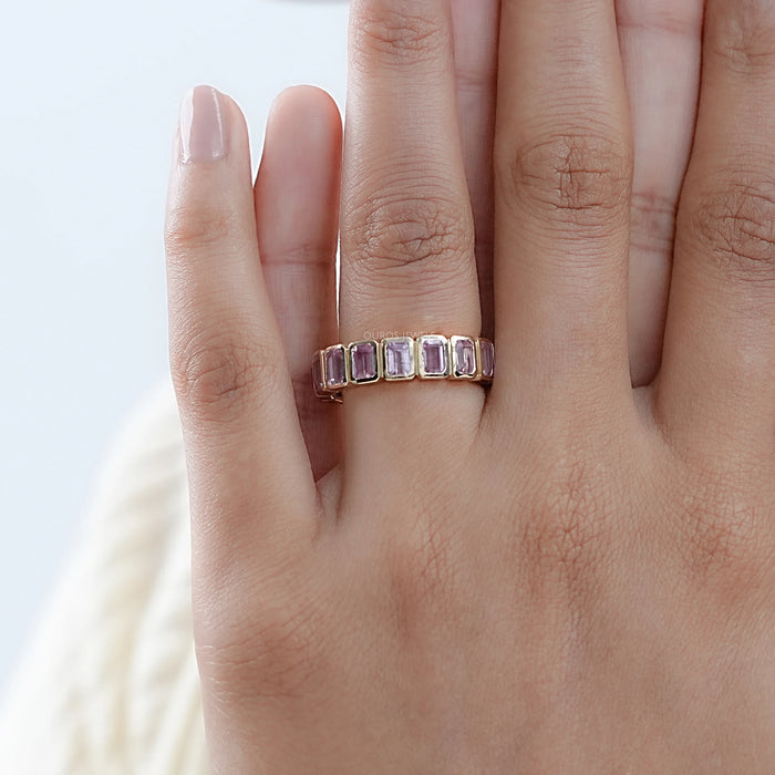 Pink Emerald Cut Sapphire With Lab Diamond Bezel Set Eternity Band