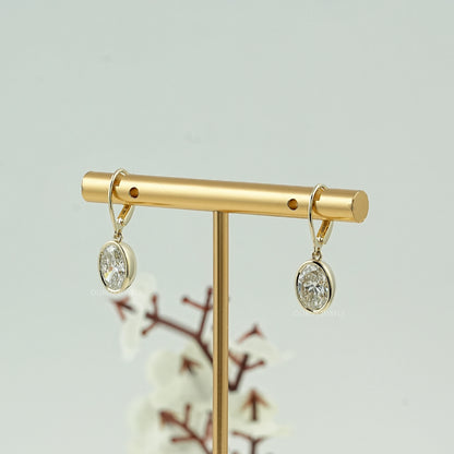 Oval Diamond Bezel Set Drop Hoop Earrings