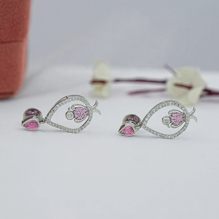 Bezel Set Pink Pear Cut Gemstone Dangle Bird Earrings