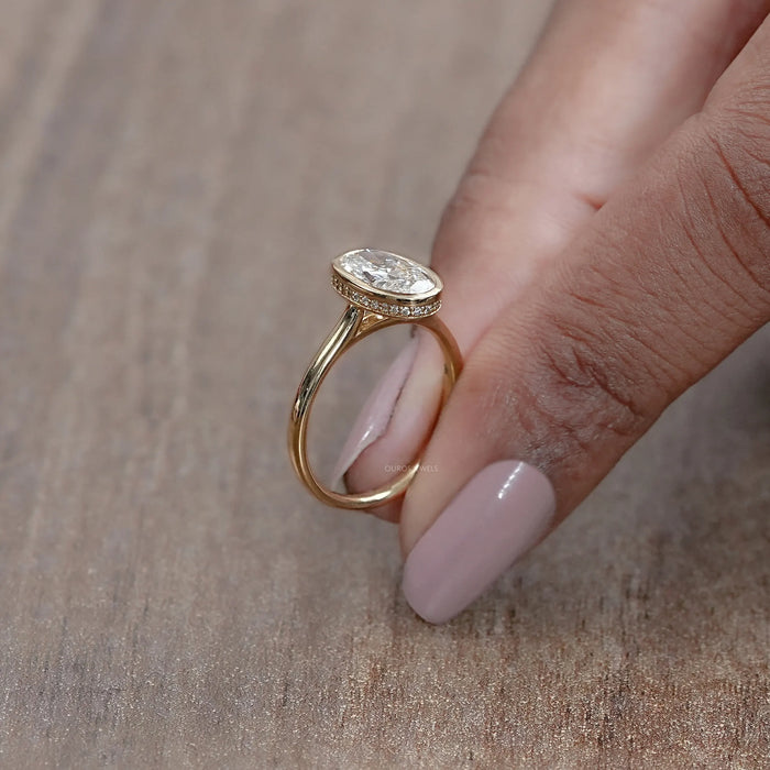 Oval Cut Lab Diamond Bezel Hidden Halo Engagement Ring