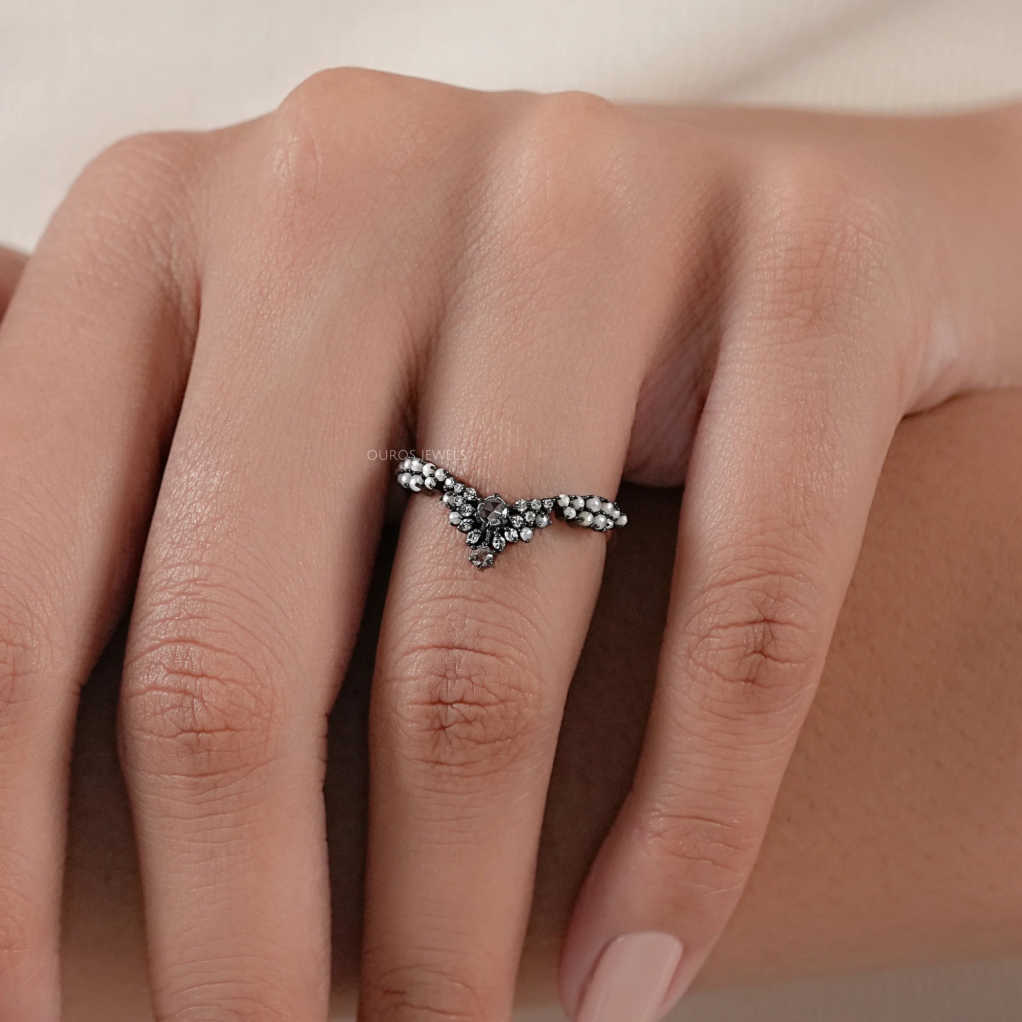 Marquise and Round Lab Diamond Curved Wedding Ring 