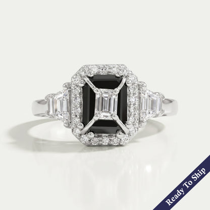 Black Emerald Diamond Three Stone Engagement Ring Rings