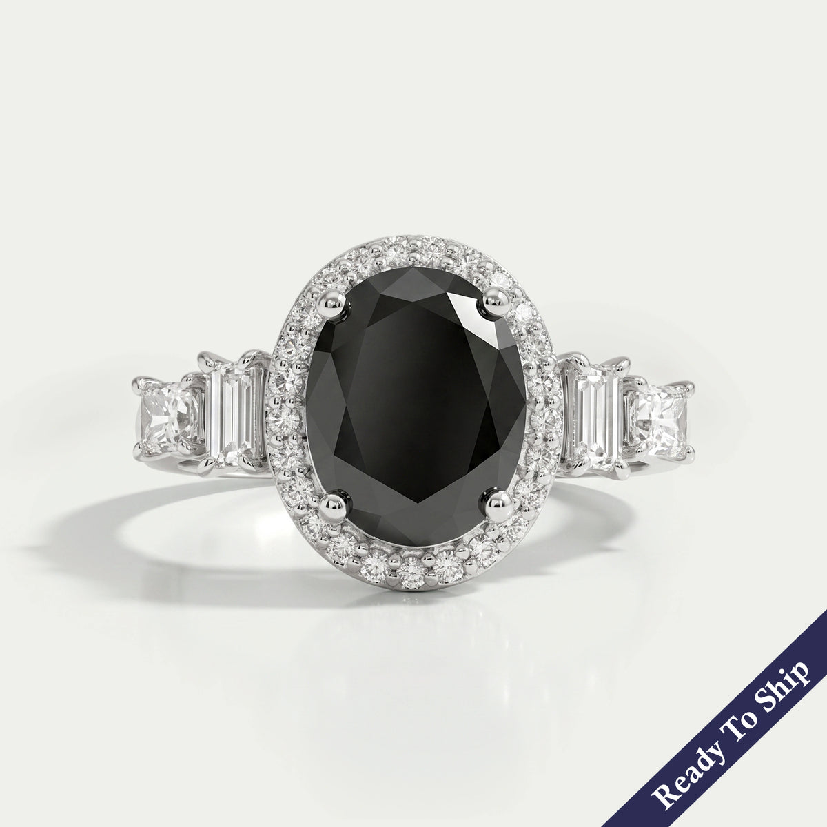 Black Oval Diamond Accent With Halo Engagement Ring Rings