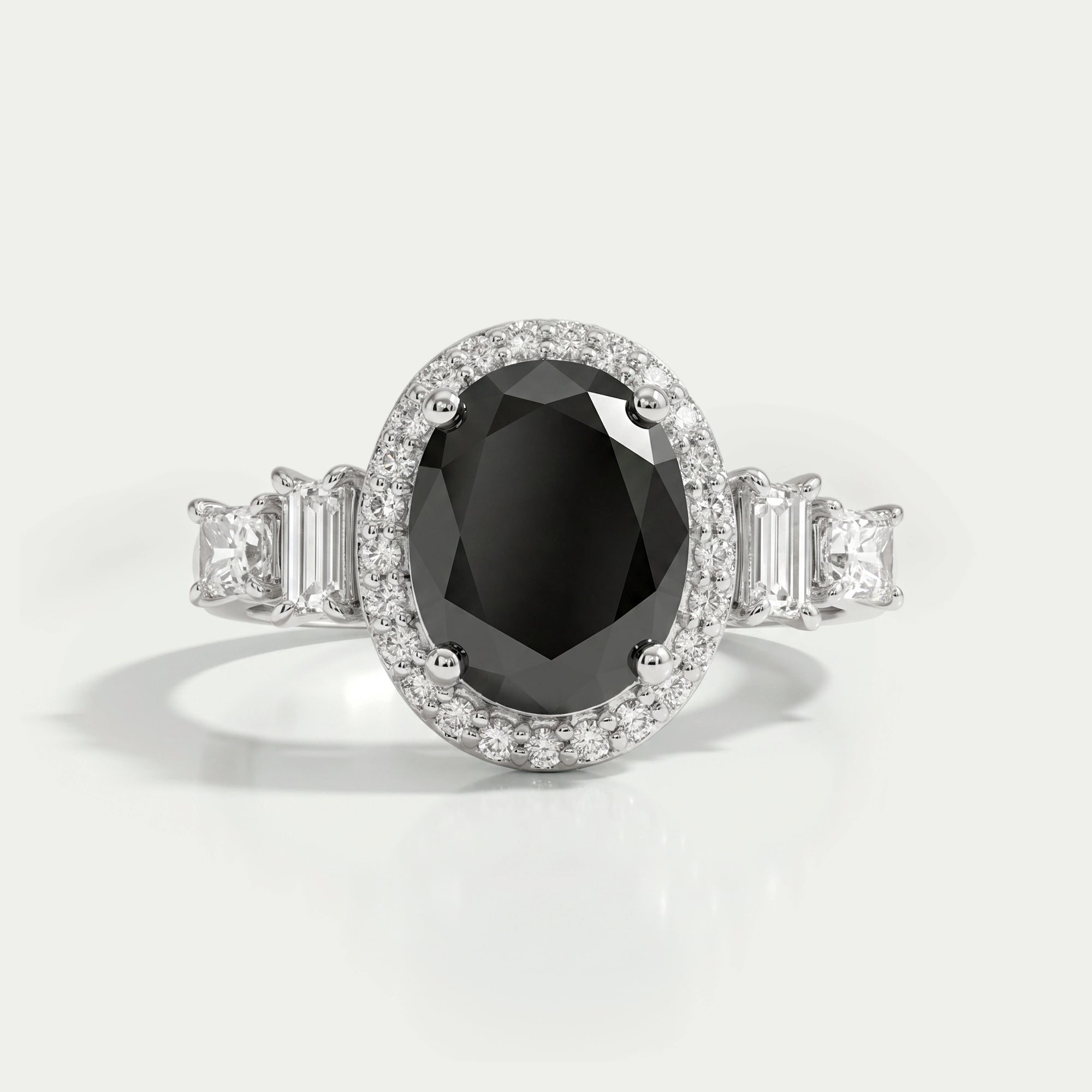 Black Oval Cut Halo With Accent Diamond Ring Rings