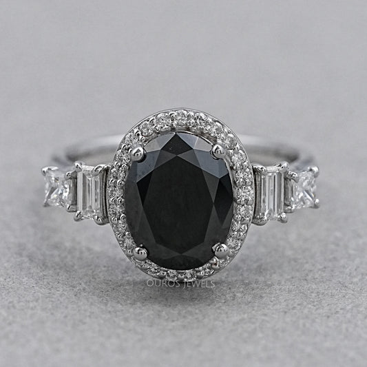 Black Oval Cut Halo With Accent Diamond Ring Rings