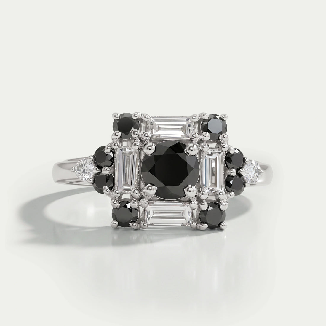 Black Round Cut Halo Baguette Diamond Ring Rings