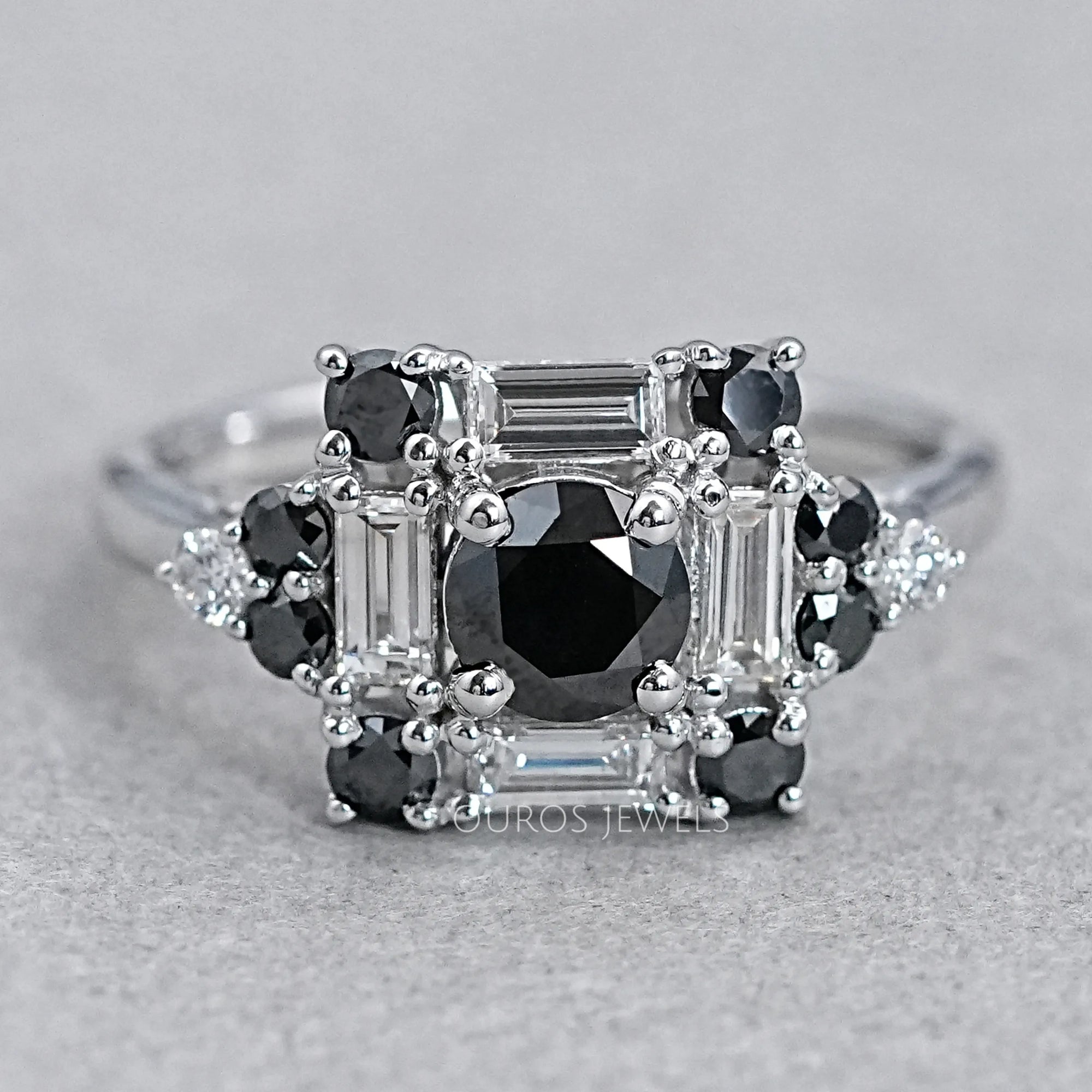 Black Round Cut Halo Baguette Diamond Ring Rings
