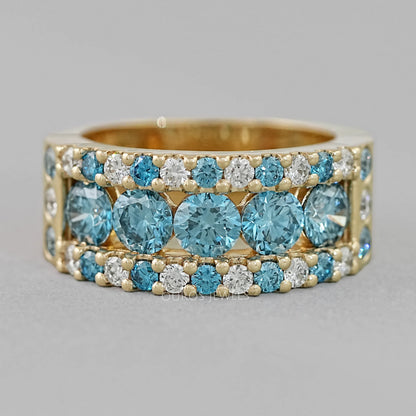 Blue And White Round Cut Lab Diamond Wide Band Rings