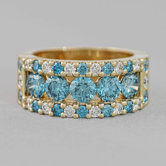 Blue And White Round Cut Lab Diamond Wide Band Rings