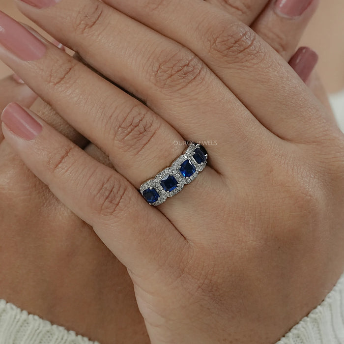 5 Stone Blue Asscher Cut Gemstone Halo Diamond Ring