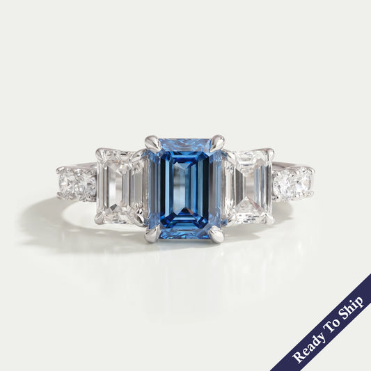 Blue Emerald Cut Lab Diamond Engagement Ring