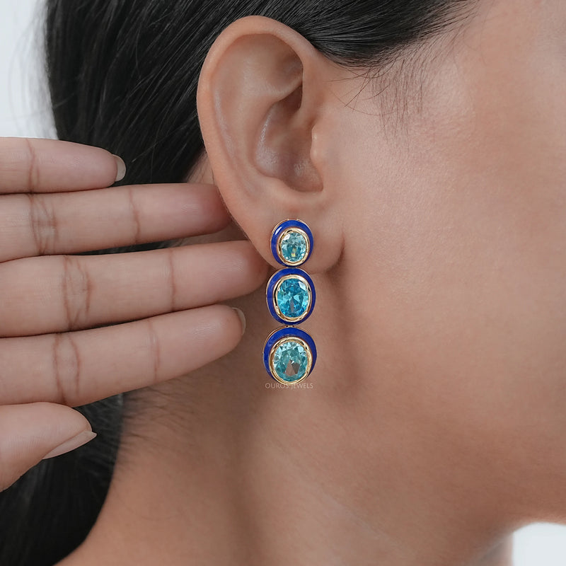 Three Tier Blue Topaz Oval Gemstone Dangle Earrings