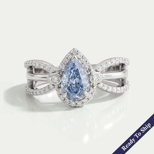 Blue Pear Cut Halo Accent Diamond Engagement Ring