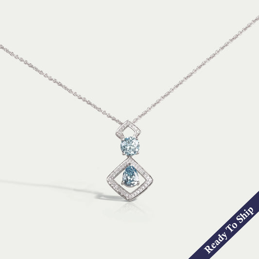 Blue Pear And Round Diamond Floating Pendant Necklaces