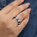 blue cushion and round cut lab diamond eternity band on model's finger