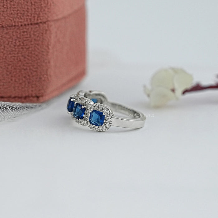 5 Stone Blue Asscher Cut Gemstone Halo Diamond Ring