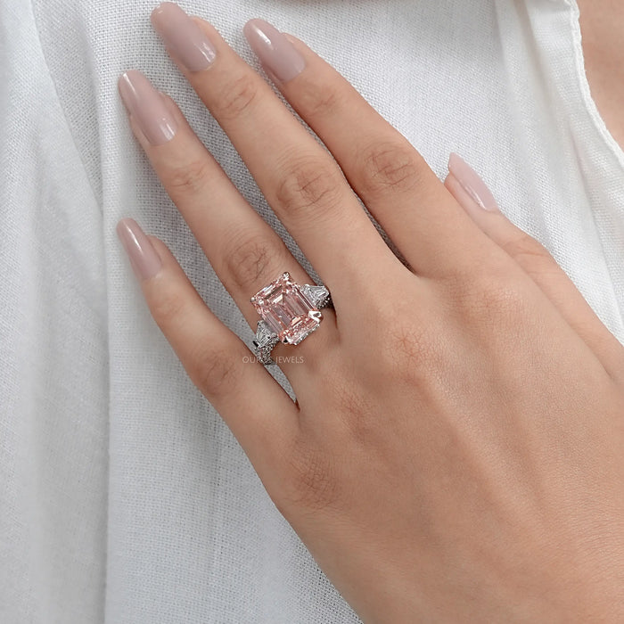 Pink Emerald Diamond Three Stone Hidden Halo Ring