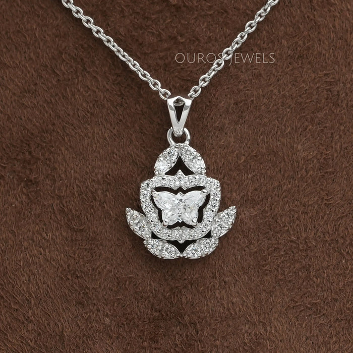 Butterfly Shape Halo Cluster Diamond Pendant