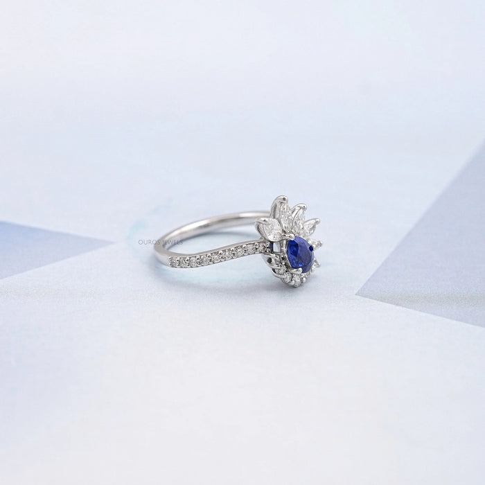Pear Cut Blue Sapphire Cluster Bypass Engagement Ring 