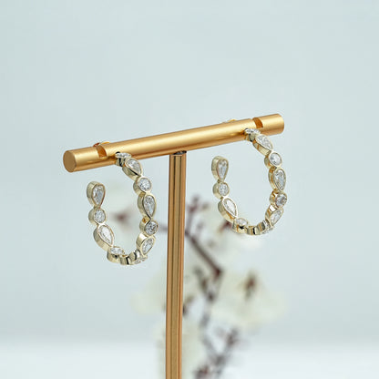 Pear And Round Diamond Bezel Set C Hoop Earrings