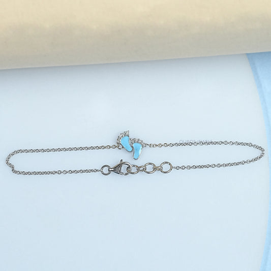 Enamel Blue Baby Foot Print Round Diamond Anklet