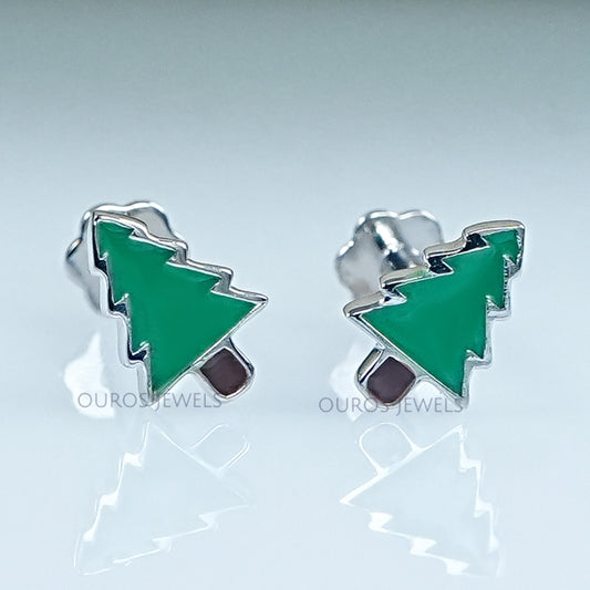 Green Enamel Christmas Tree Earrings For Kids