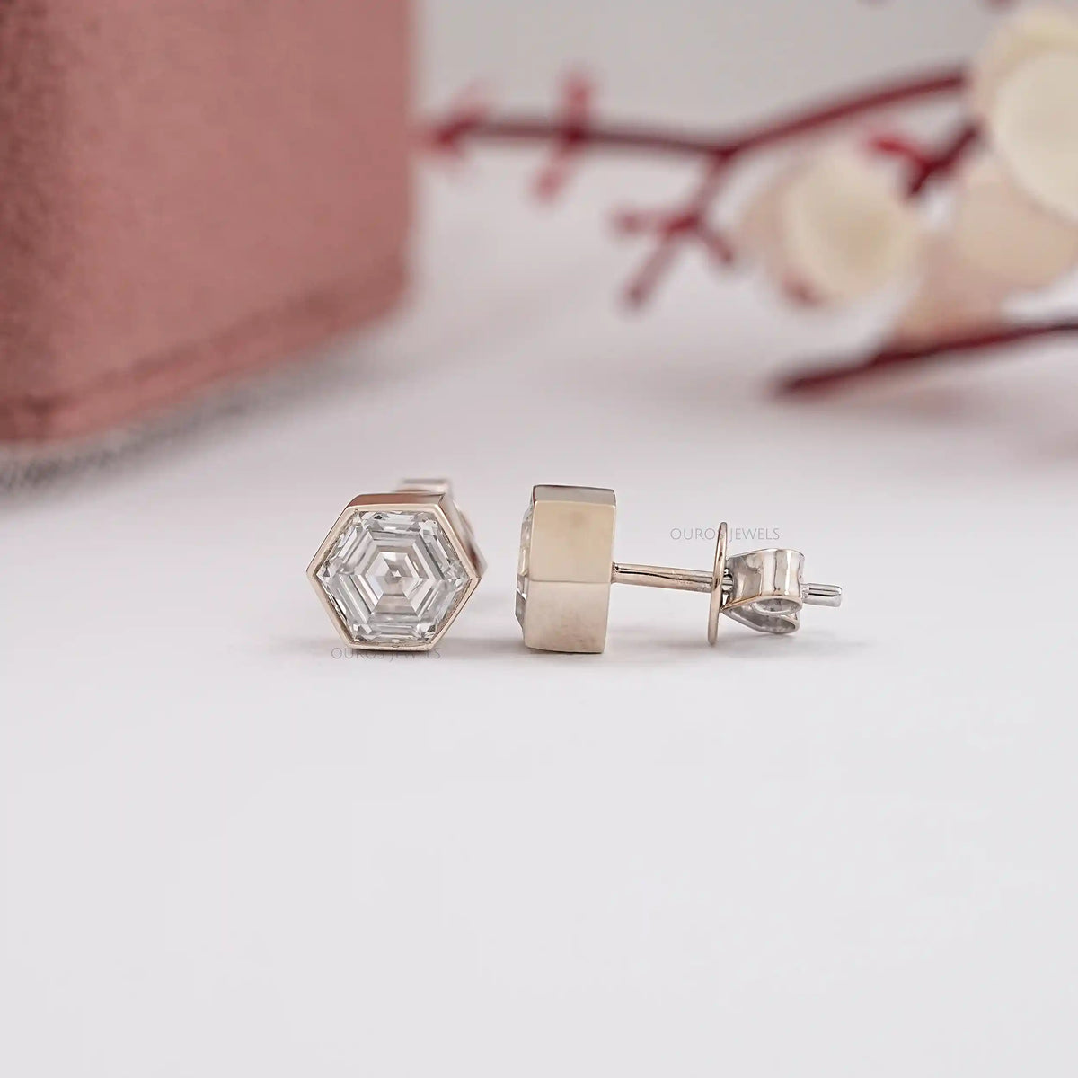 Hexagon Bezel Set Stud Earring