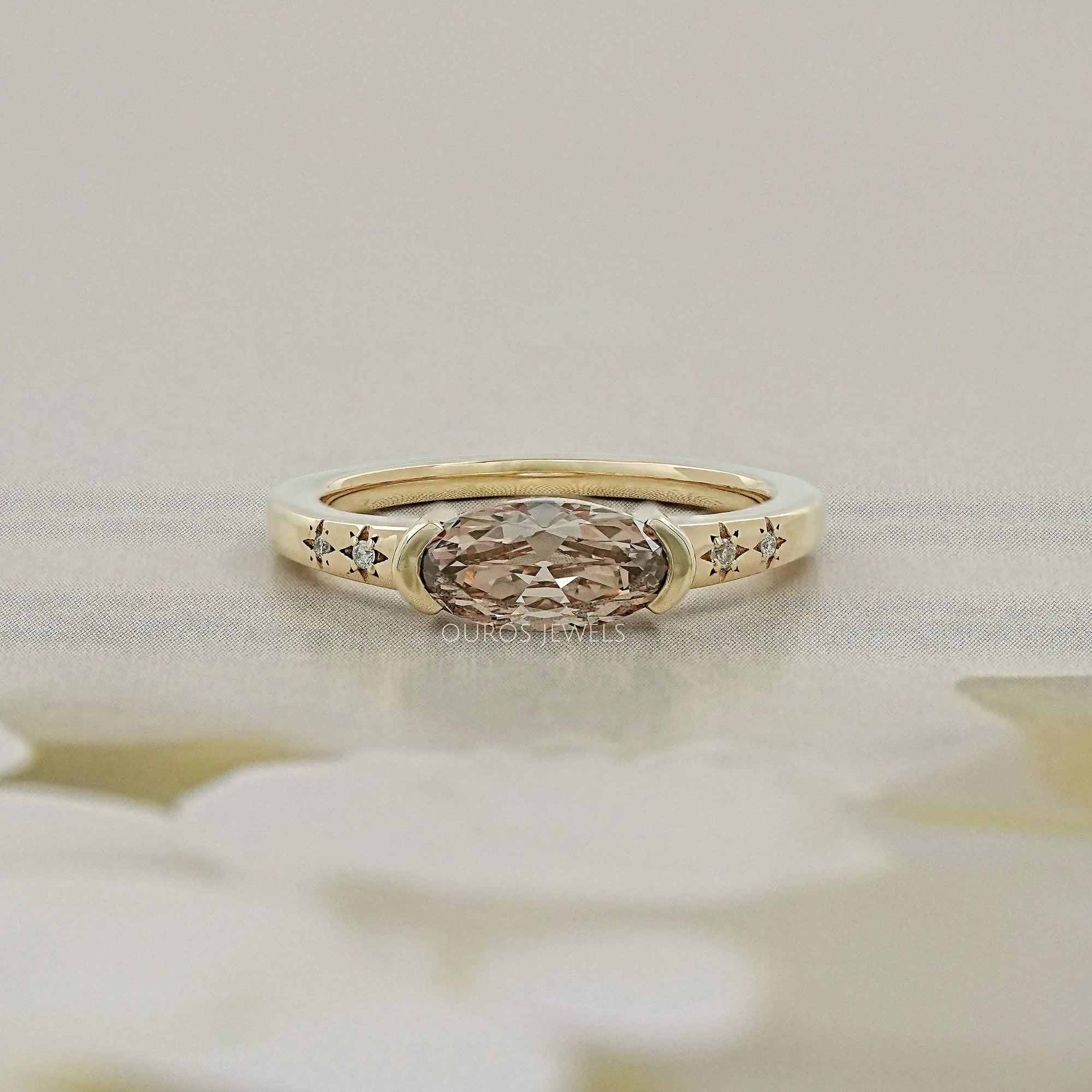 Champagne East West Old Mine Moval Half Bezel Accent Ring Rings