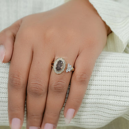 Champagne Step Cut Oval Diamond Halo Open Ring
