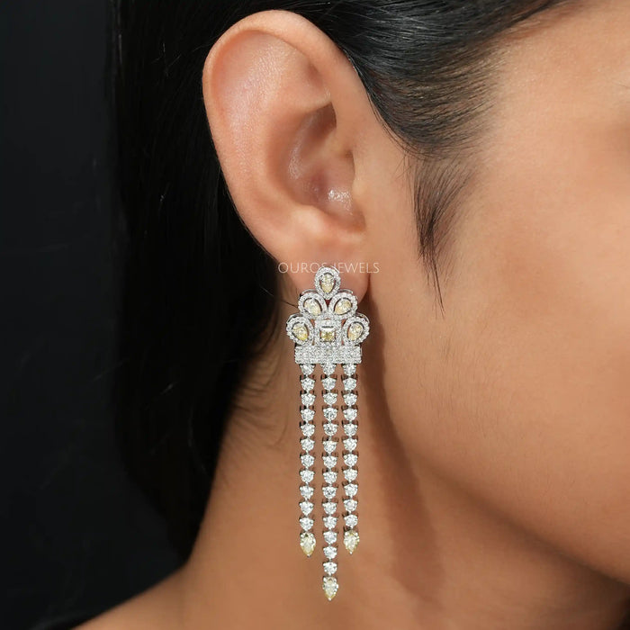 multi shaped lab grown diamonds two tone chandelier earrings silver on ear