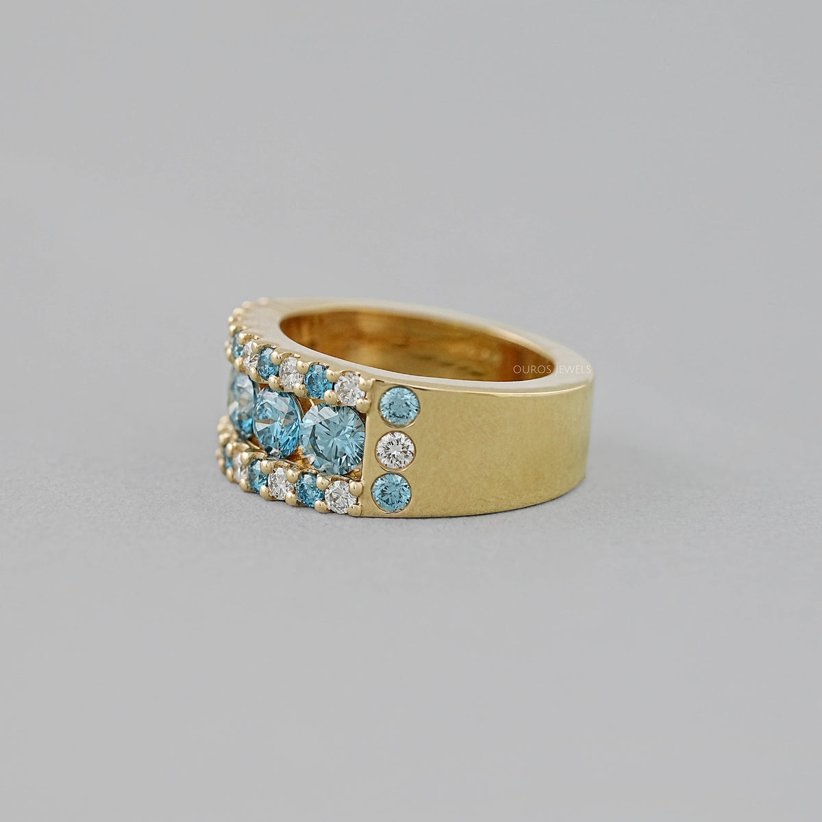 Blue And White Round Cut Lab Diamond Wide Band Rings