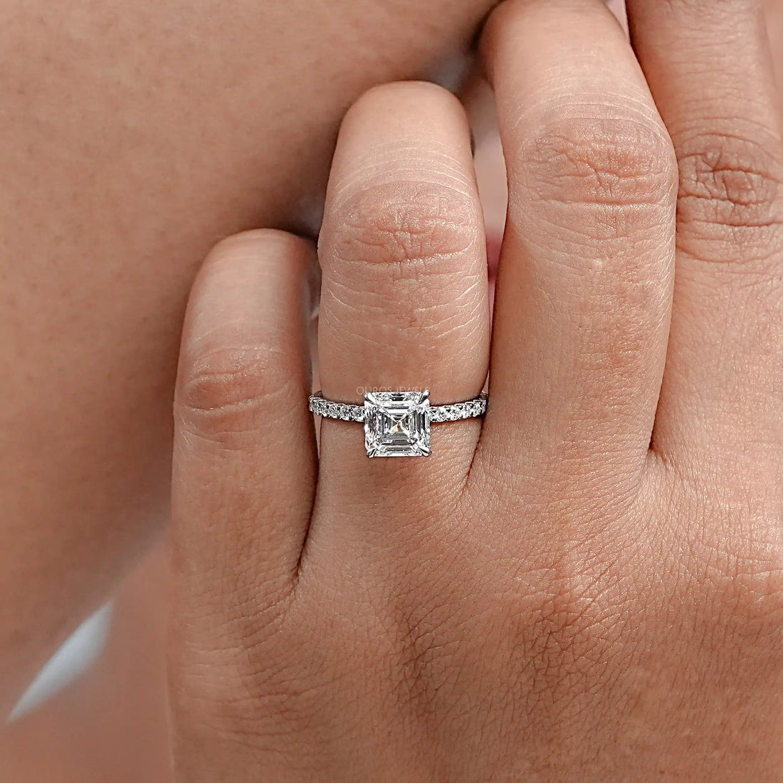 Asscher Cut Solitaire Accent Diamond Engagement Ring