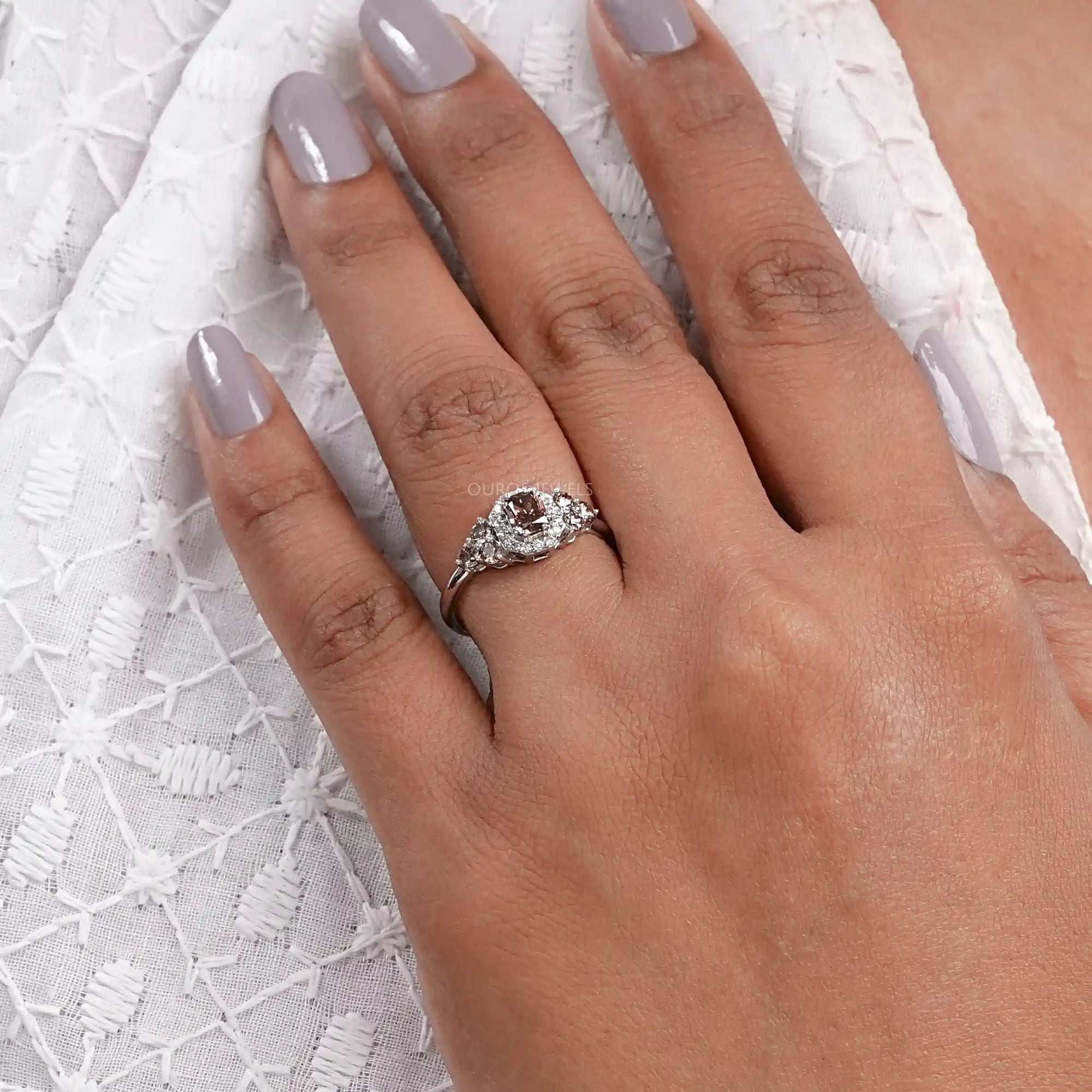 Fancy Cushion Cut Halo Champagne Diamond Ring Rings