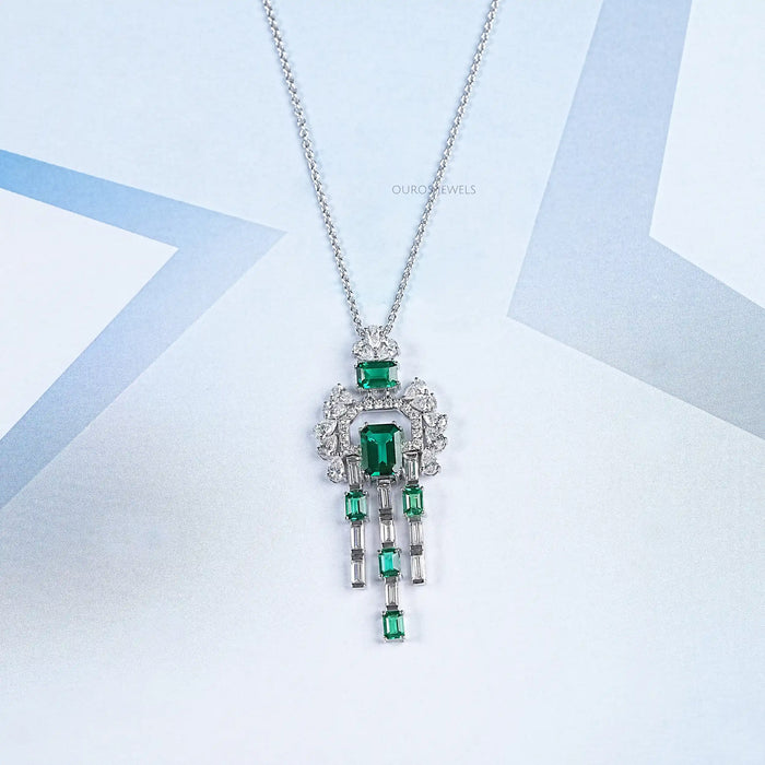 Green Emerald Gemstone and Cluster Diamond Pendant