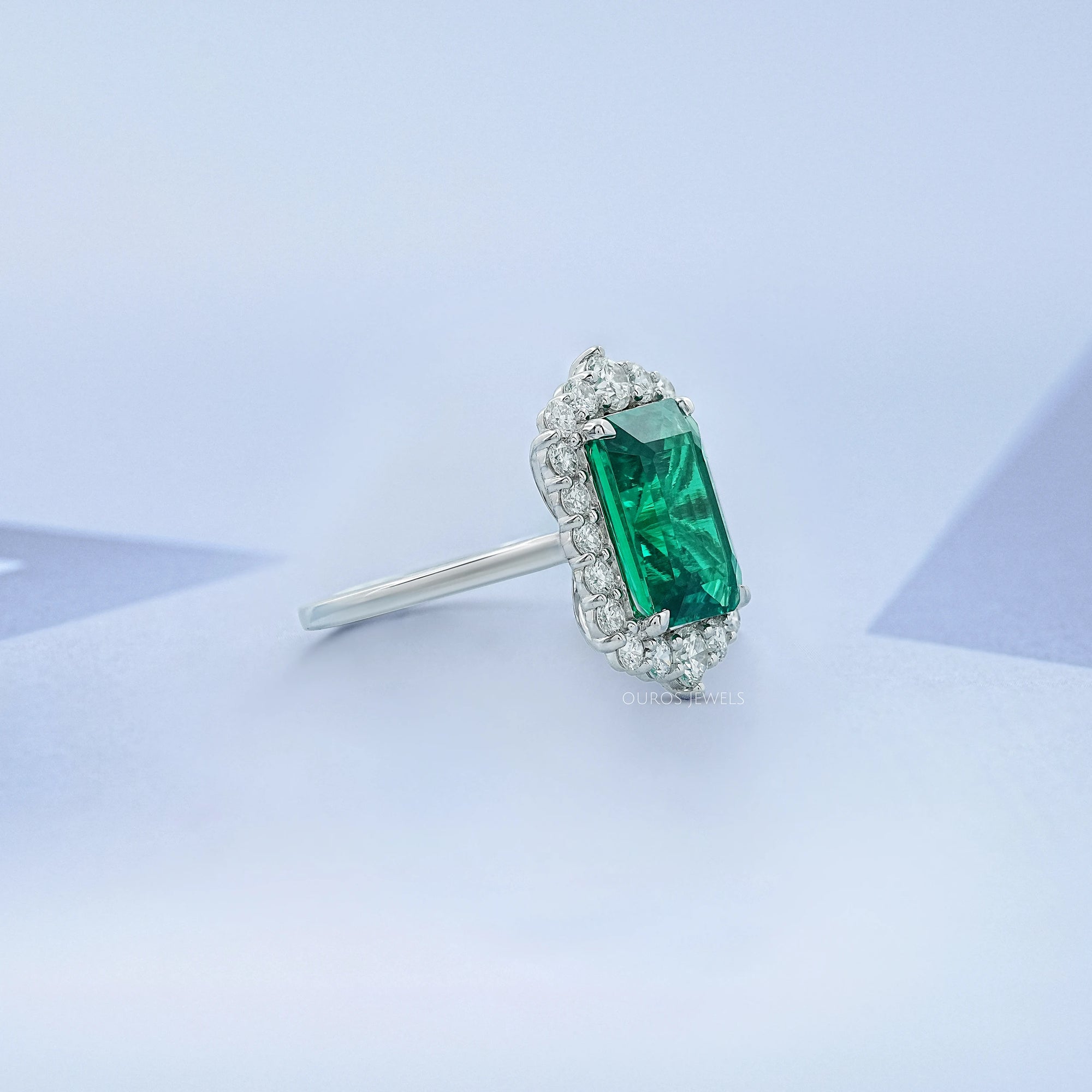 Green Emerald Gemstone Halo Engagement Ring