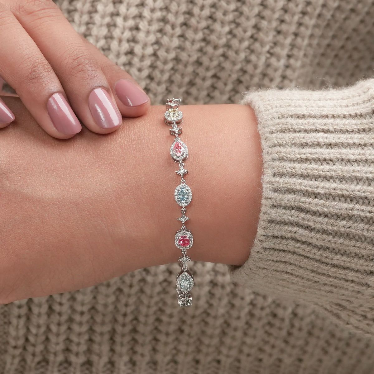 Multi Shape Color Diamond Halo Link Bracelet Bracelet