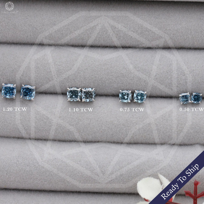 Blue Cushion  Lab Grown Diamond  Stud Earrings