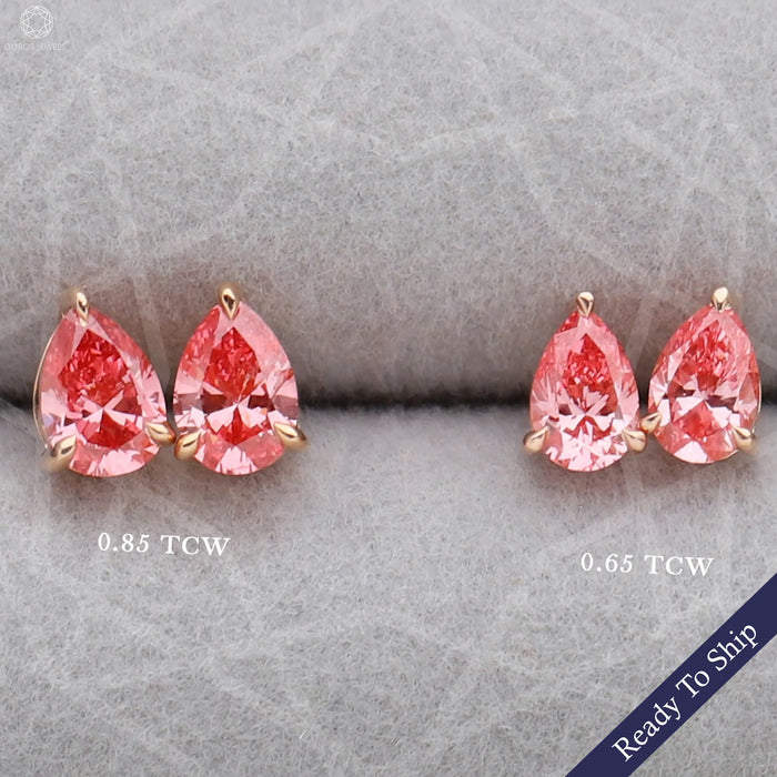 front view pink pear shaped lab grown diamond solitaire stud earrings rose gold