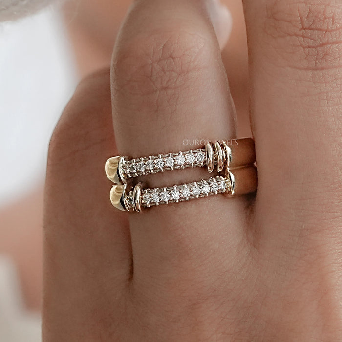 Double Row Connector Round Cut Lab Diamond Wedding Ring 