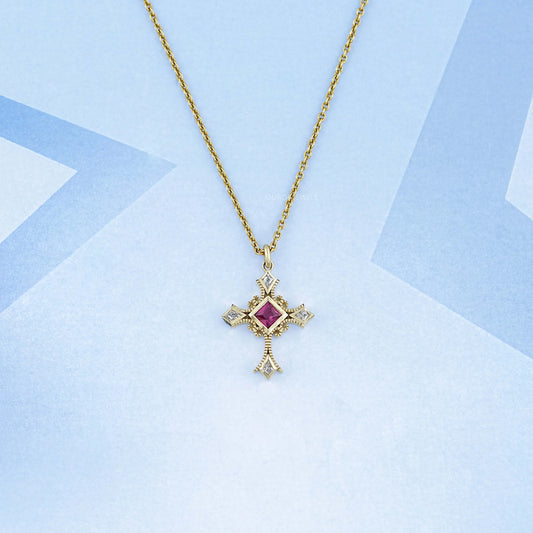 Ruby Gemstone Fleur De Lis Necklace with Briolette Cut Diamond