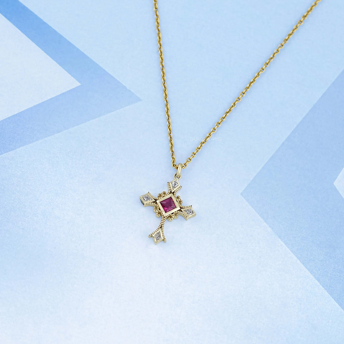 Ruby Princess Gemstone Criss Cross Pendant Necklaces